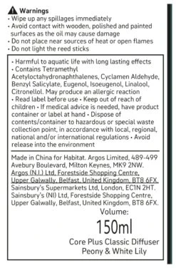 Habitat 150ml Scented Diffuser - Peony & White Lily 4 Habitat 150ml Scented Diffuser - Peony & White Lily -Habitat Furni Sales 4845096 R Z011A