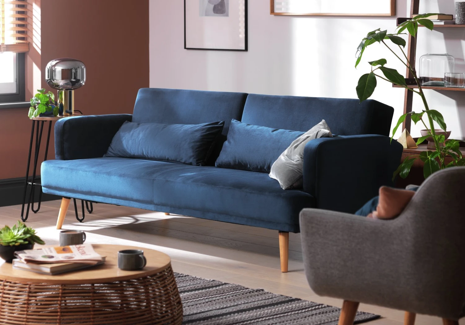 Habitat Andy 3 Seater Velvet Clic Clac Sofa Bed - Blue Habitat Andy 3 Seater Velvet Clic Clac Sofa Bed - Blue -Habitat Furni Sales 9160659 R Z001C